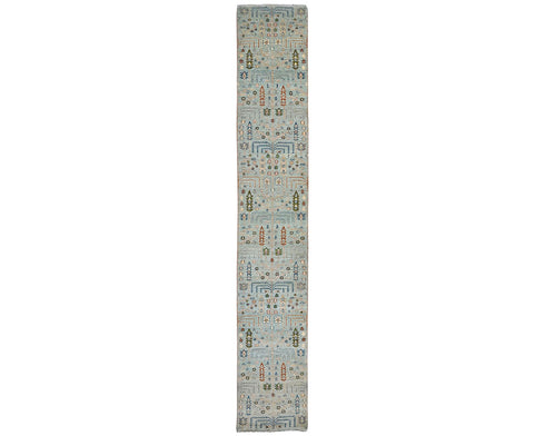 16 Feet Blue Khurgeen Afghan Hand Knotted Wool Runner Rug
